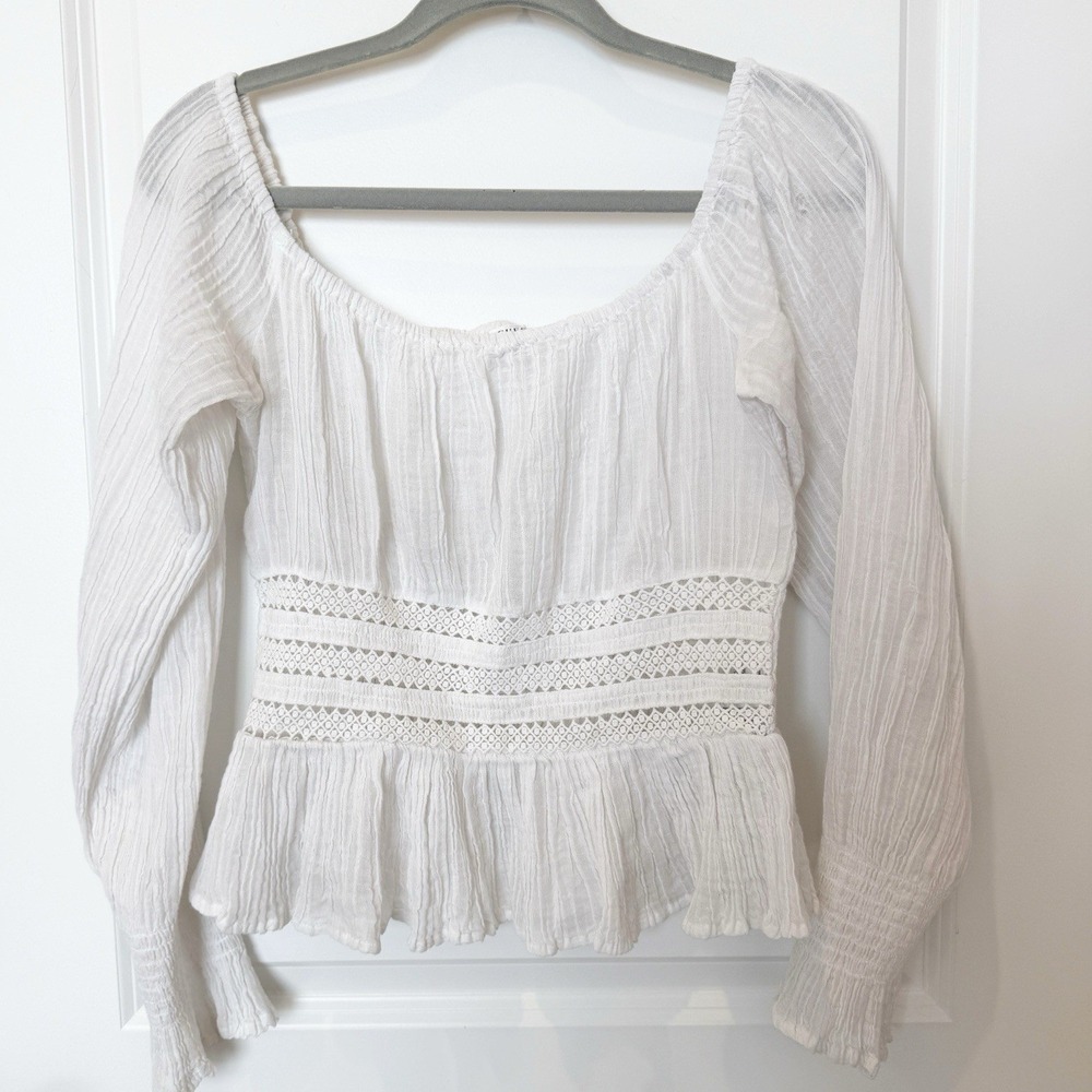 Guess Womens Puff Sleeve Smocked‎ Top Medium White Edwardian Cottagecore Dainty
